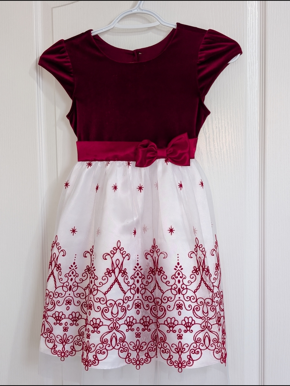 Jona Michelle Burgundy and White Embroidered Velvet Party Dress